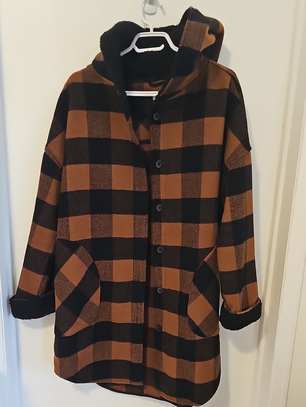 Kids Hooded Buffalo Plaid Coatigan in Brown and Black